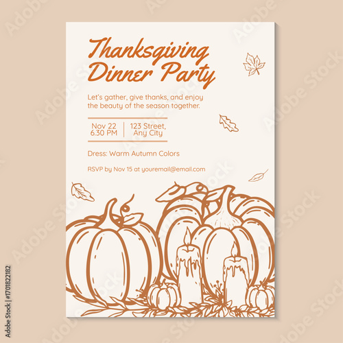 Thanksgiving dinner party invitation template with hand-drawn pumpkins and candles. Vector illustration hand drawn thanksgiving dinner invitation template.