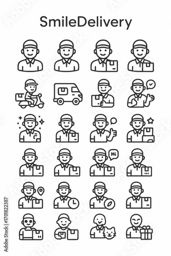 A collection of smiling courier and delivery service line icons. Vector symbols for e-commerce, logistics, and package shipping business