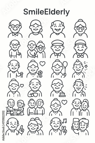 Collection of Smiling Elderly People in Various Poses and Expressions - Perfect for Illustrations