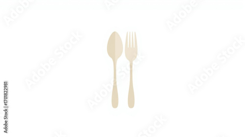 Simple beige spoon and fork isolated on a white background, dining tools and utensils