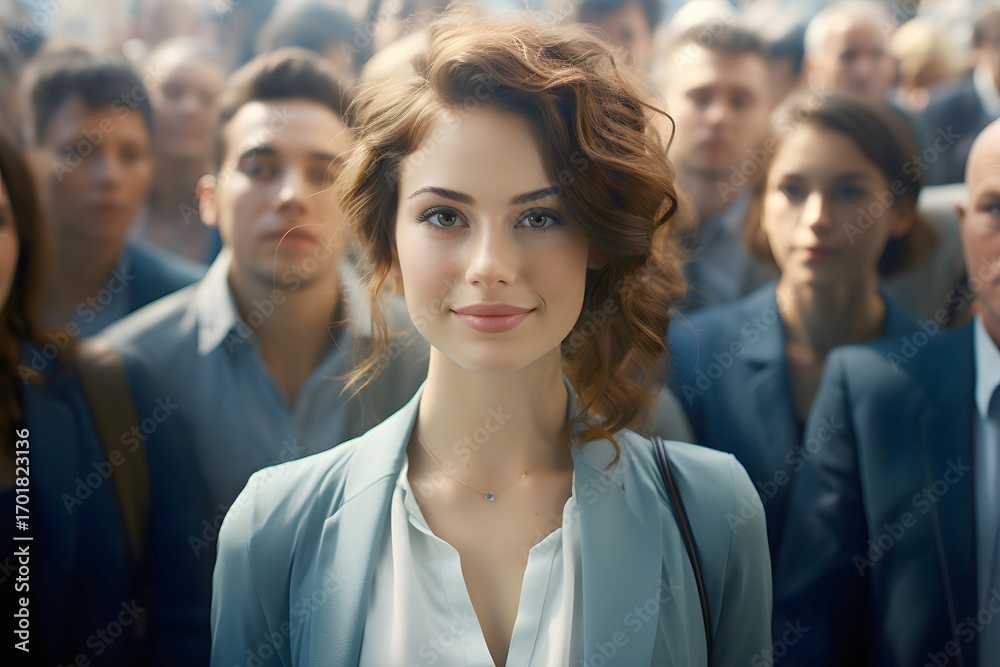 Fototapeta premium Group of professionals in formal attire gathered in a hallway with a focused young woman at the forefront during a business meeting