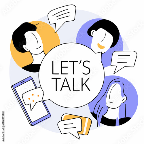 Vector art of lets talk concept people chatting in speech bubbles social network concept vector illustration in line style