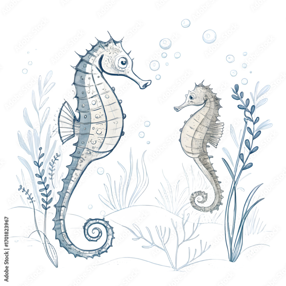 Fototapeta premium Two whimsical seahorses in a dark underwater scene with seaweed and bubbles
