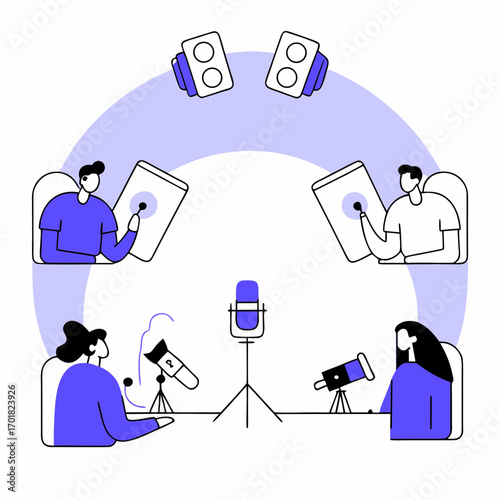 Vector art of podcast recording with people in the studio concept of audio production and broadcasting with microphones