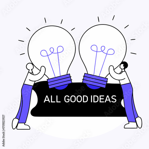 Vector art of two people carrying light bulbs with the text all good ideas concept of teamwork and brainstorming