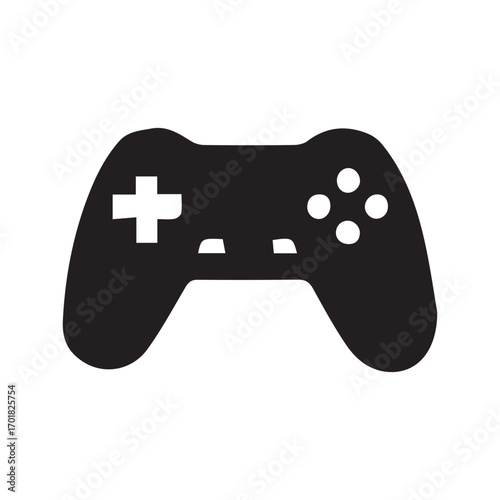 Isolated gaming controller icon featuring a black and white video game gamepad with a joystick and buttons for console entertainment