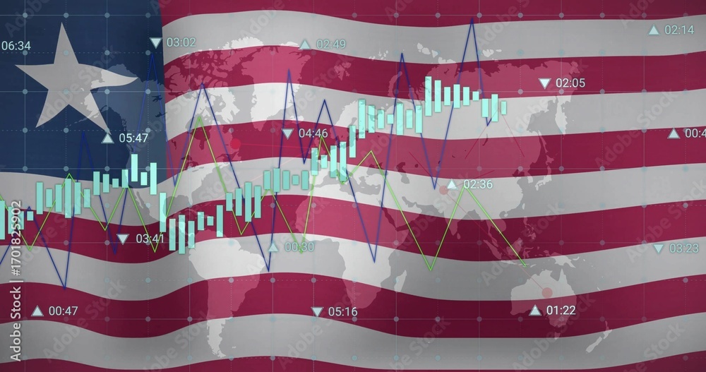 Naklejka premium Displaying financial chart overlaying US flag with candlesticks, line graphs, world map, timecodes