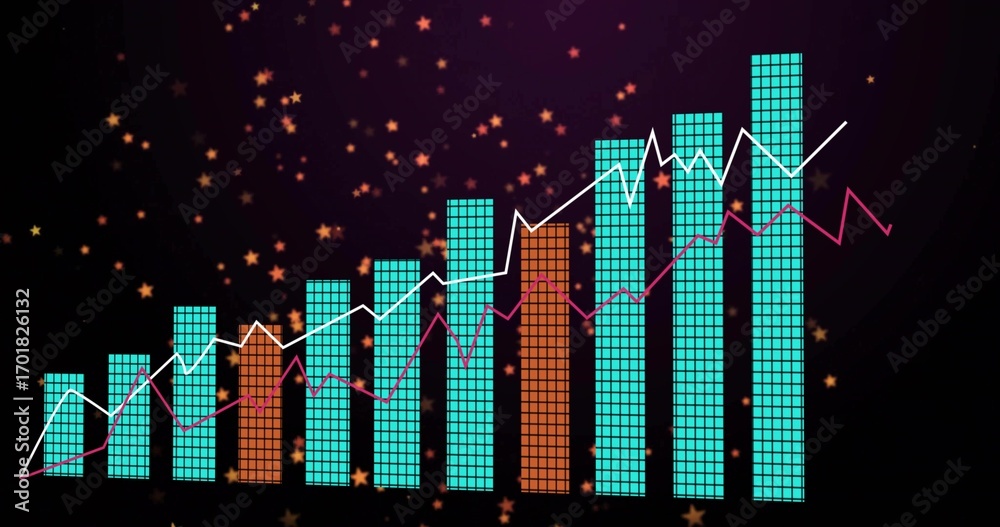 Obraz premium Displaying chart with teal orange grid bars and white magenta line graphs on cosmic stars backdrop