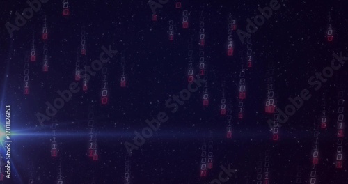 Binary code streams cascading in space, with blue lens flare, starfield and light streak