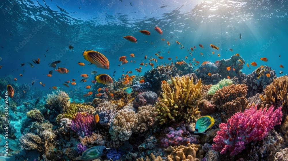 Fototapeta premium Vibrant Coral Reef Ecosystem Thriving with Colorful Fish and Marine Life in Clear Blue Waters