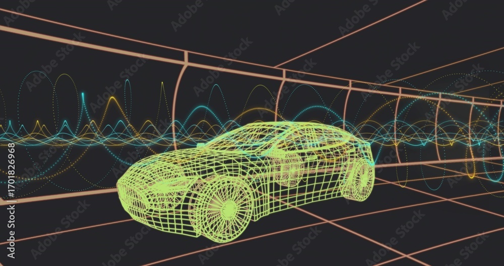 Fototapeta premium Displaying neon green wireframe car model rotating in neon grid tunnel, with colorful waveforms