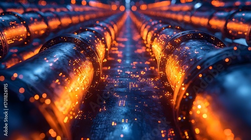 Glowing digital data streams flow through an abstract futuristic industrial pipeline network