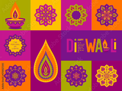 Colorful Diwali traditional design with diya lamp, rangoli mandala and festive grid pattern. Vibrant decorative background for Festival of Lights celebration. Vector illustration.