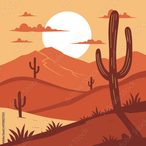 Desert landscape showcases cacti, mountains, sun, and clouds in orange hues perfectly