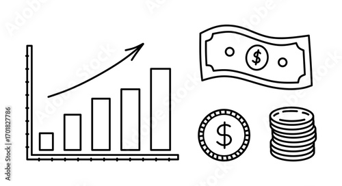 Finance doodle illustration with graph, money, coin, and dollar symbol. Hand-drawn line art design for business, banking, and investment concepts.