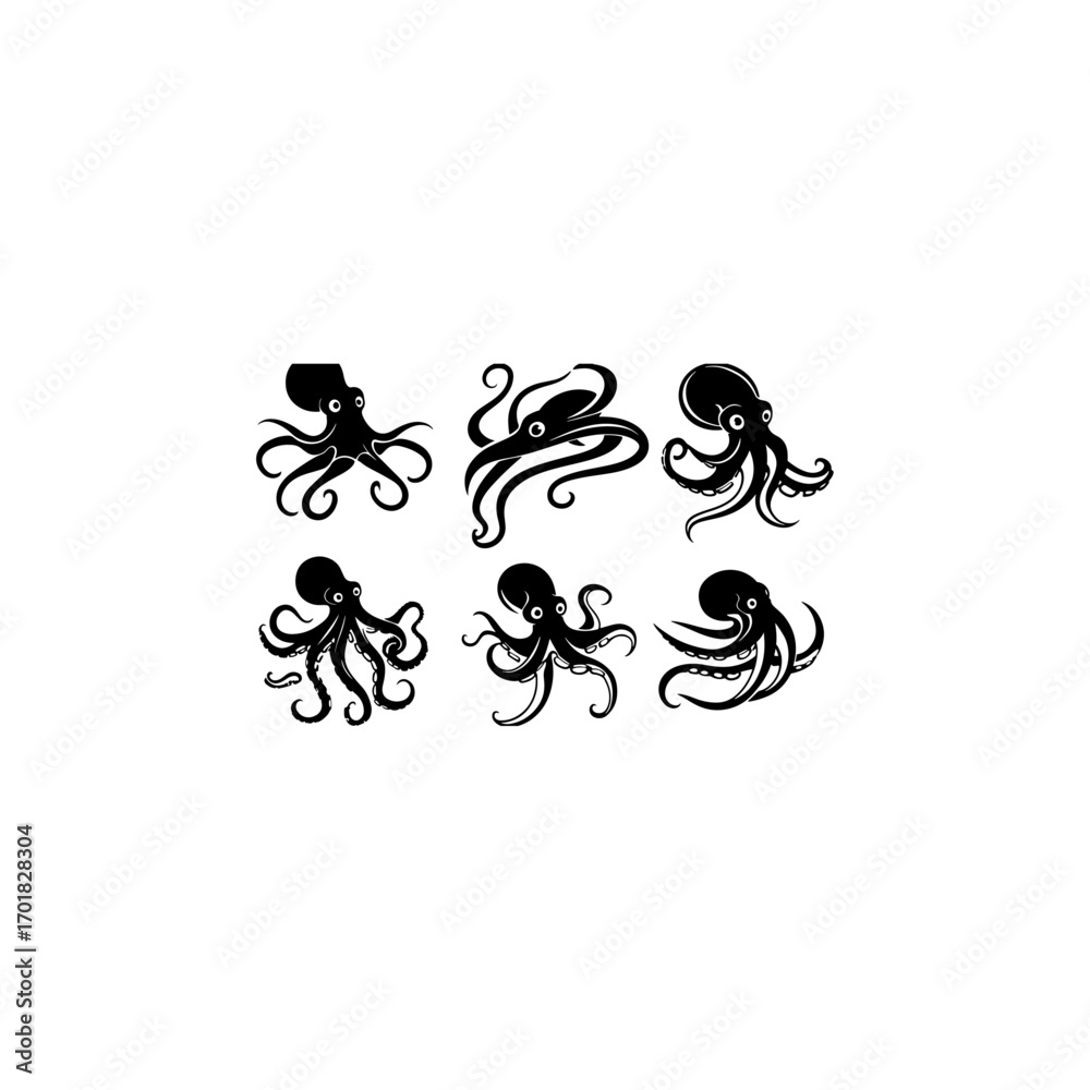 Obraz premium A collection of stylized black octopus silhouettes in various dynamic poses, isolated on a transparent background. 