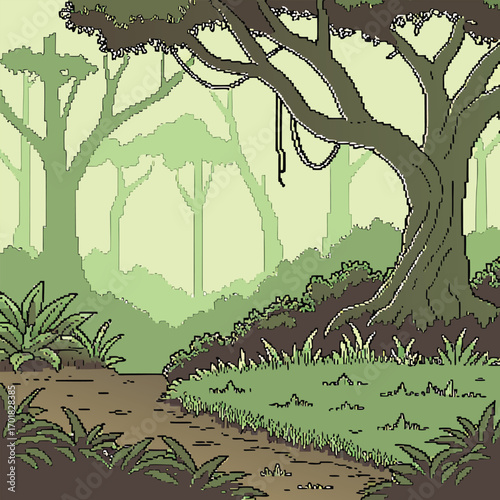 Pixel art depicts a lush tropical forest with big tree and hanging vine