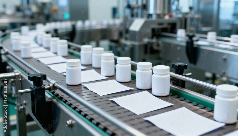 Obraz premium Pharmaceutical Manufacturing: Bottles and Documentation Move on Conveyor Belt in a Clean Production Environment