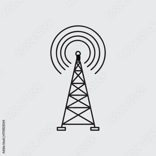Simple line art icon of a radio tower antenna broadcasting a signal for wireless communication and telecommunication technology