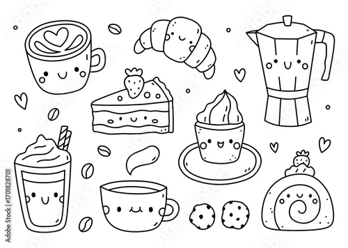 Cute coffee and dessert set with smiling cups, cake, croissant, moka pot and cookies. Kawaii style vector illustration on a white background. Perfect for cafe designs, menu, kids products.