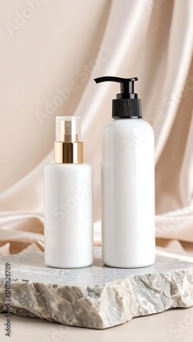 White lotion bottles with black and gold caps on a textured stone surface against a beige fabric backdrop
