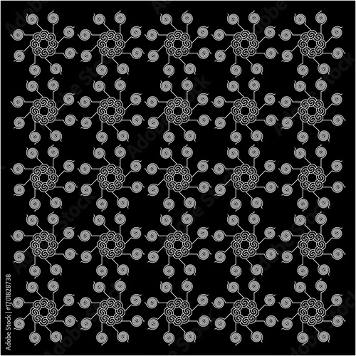 Intricate white spirals interlock into radiant clusters, spreading symmetrically across the black canvas. Each glowing whirl forms cosmic bridges, weaving harmony, mystery, and infinite balance.