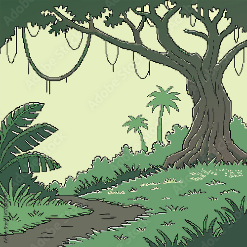 Pixelated jungle displays a path alongside trees and lush vegetation in a tropical setting