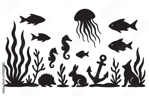 Underwater Silhouette Marine Life with Fish Jellyfish Seahorse Seaweed and Anchor Vector