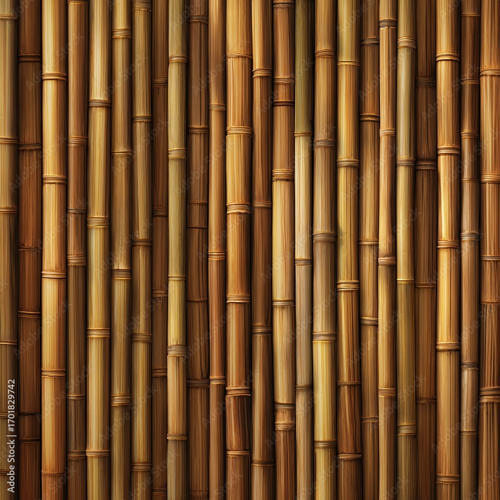 Fototapeta premium Natural Bamboo Wall Texture Background. Vertical dried bamboo poles creating an organic, rustic pattern for Asian-inspired decor.