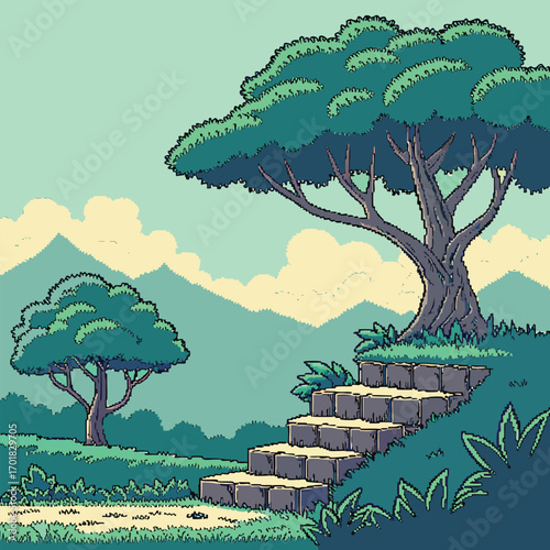 Pixelated verdant landscape shows a large tree beside stone steps in a mountain scene