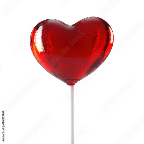 Red heart shaped lollipop on a stick isolated on transparent background
