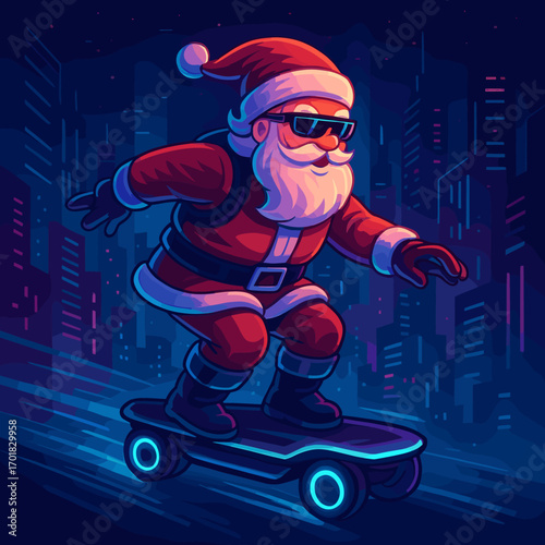 Cool Santa on Futuristic Hoverboard: Christmas Cyberpunk Illustration