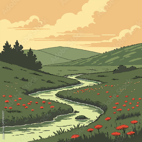 River meanders through green meadows dotted with orange flowers under a cloudy beige sky