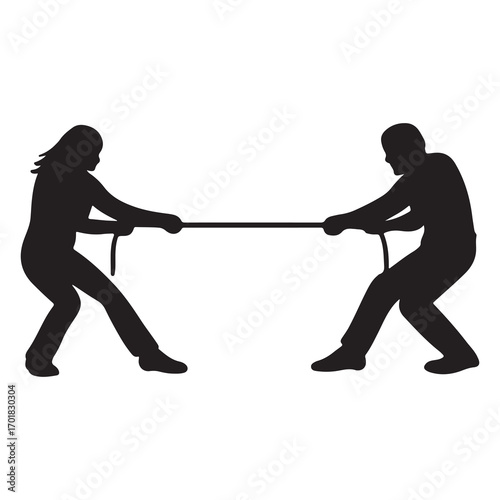 Tug of War Silhouette People Pulling Rope Competition Vector Illustration