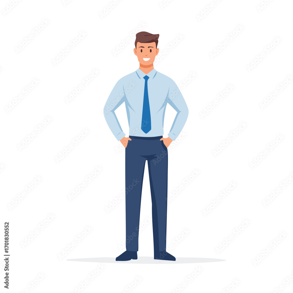 Obraz premium Smiling Young Office Man in Blue Shirt and Tie - AI Generated