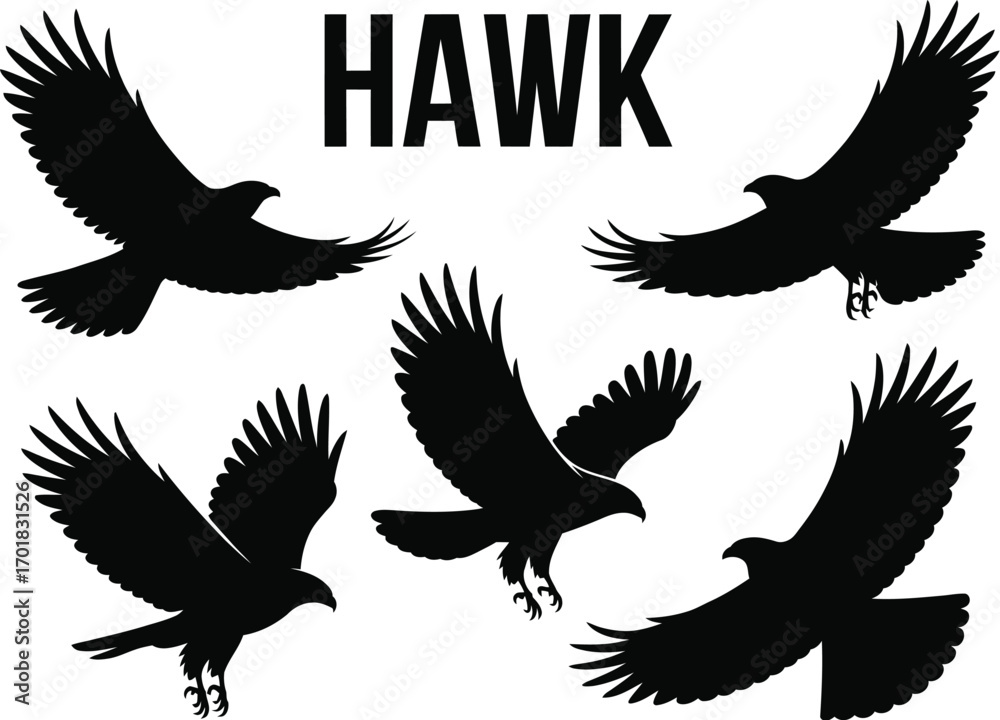 Naklejka premium Black hawk silhouettes in various flying positions against a light gray background vector illustration
