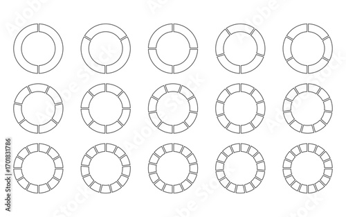 Outline Circular segmented rings set. Circle divided from 2 to 16 section. Line graph set. Pie chart icons. Radial diagram. Minimal black and white circle infographic element