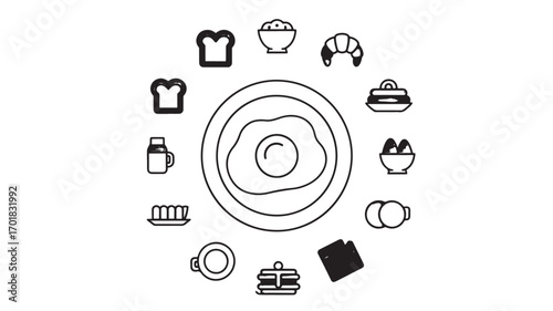 A fried egg icon in the center surrounded by various breakfast food icons representing a healthy and delicious morning meal