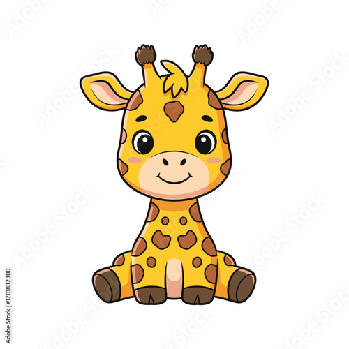 A cartoon giraffe with a smiling expression, sitting and looking directly at the viewer.