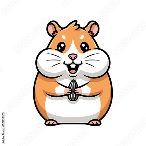 Cartoon hamster holding a seed, cheerful expression, cute design.