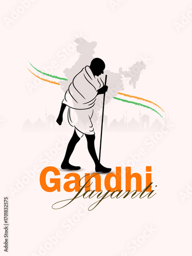 Gandhi Jayanti Illustration of Mahatma Gandhi Walking with Stick and India Map