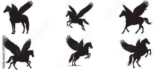 Six black pegasus silhouettes in various poses on a white background in a graphic illustration style