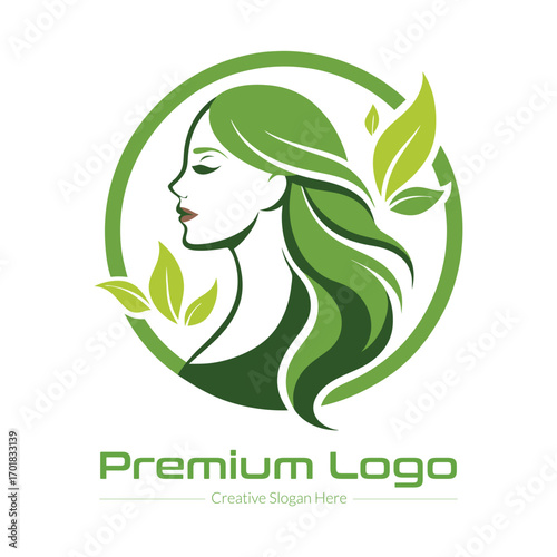 Elegant green circular logo featuring a profile of a woman with flowing hair intertwined with leaves and subtle water droplets representing natural beauty and organic wellness