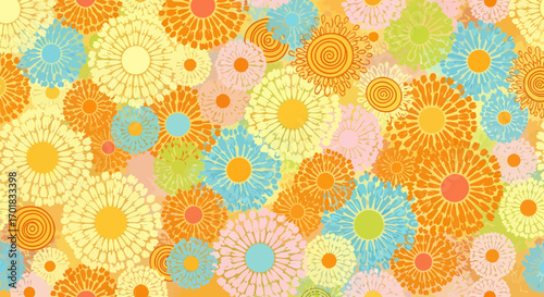 Cheerful Floral Pattern Background Featuring Retro Style Colorful Blossoms