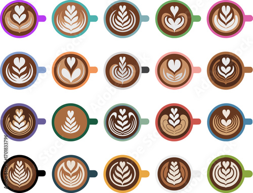 A vibrant collection of coffee cups adorned with intricate latte art, arranged in a playful grid.