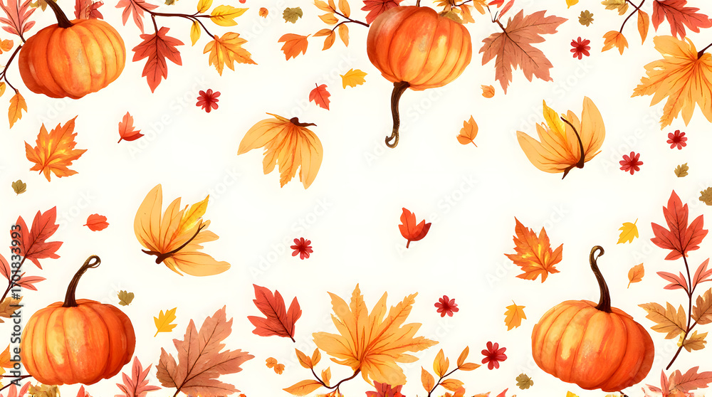 Naklejka premium Autumn Fall Background with Pumpkins and Leaves