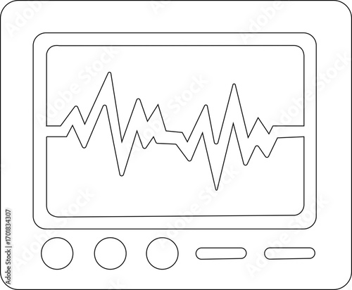 Flat icon of heart rate monitor showing ECG waveform on screen, black and white design.medical diagnostics, cardiology, vital signs, hospital tech, patient monitoring, emergency care.