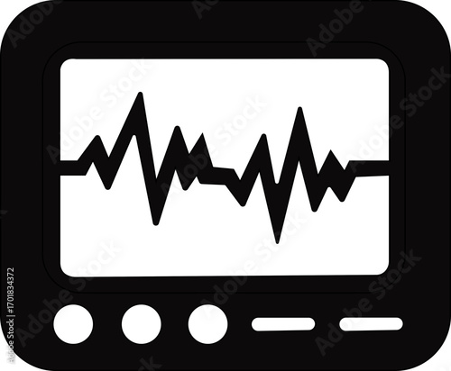 Flat icon of heart rate monitor showing ECG waveform on screen, black and white design.medical diagnostics, cardiology, vital signs, hospital tech, patient monitoring, emergency care.