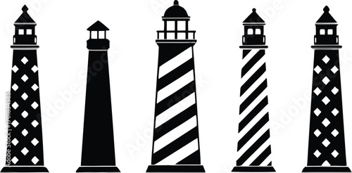 Three Lighthouse Silhouettes in Black and White Minimalist Design