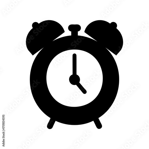 A classic black silhouette of an alarm clock on a white background